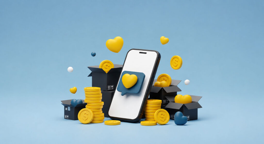 A 3D image of a phone with a heart reaction surrounded by fundraising graphics and hearts