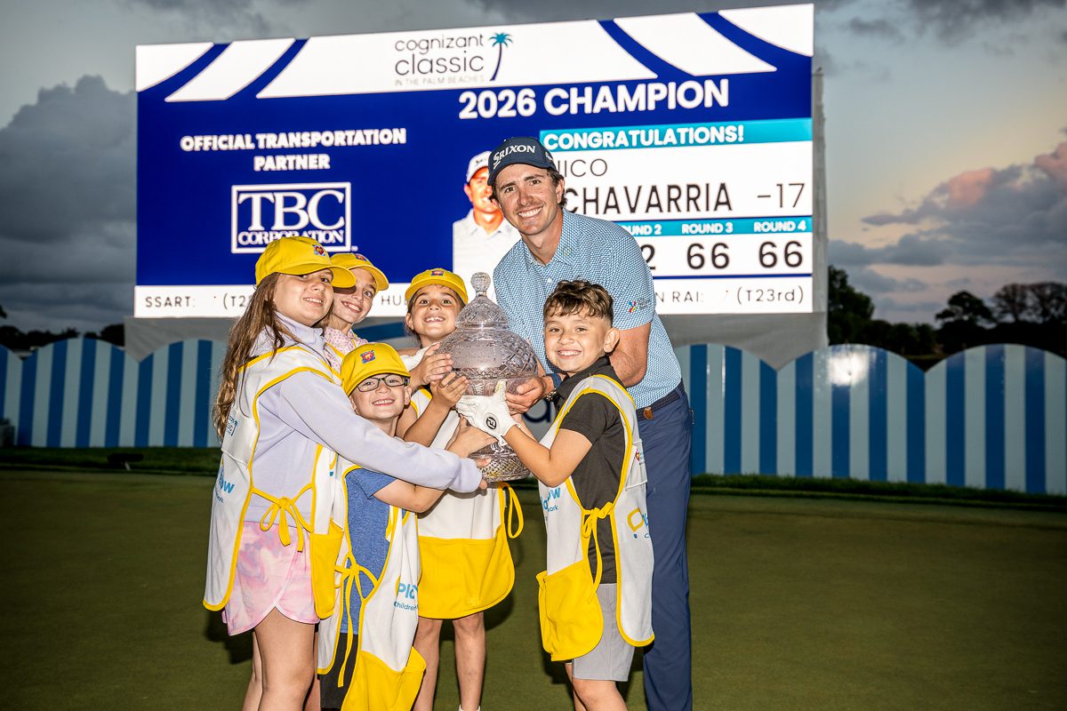 Nicolas Echavarria celebrating his 2026 Cognizant Classic win with Play Yellow participants.